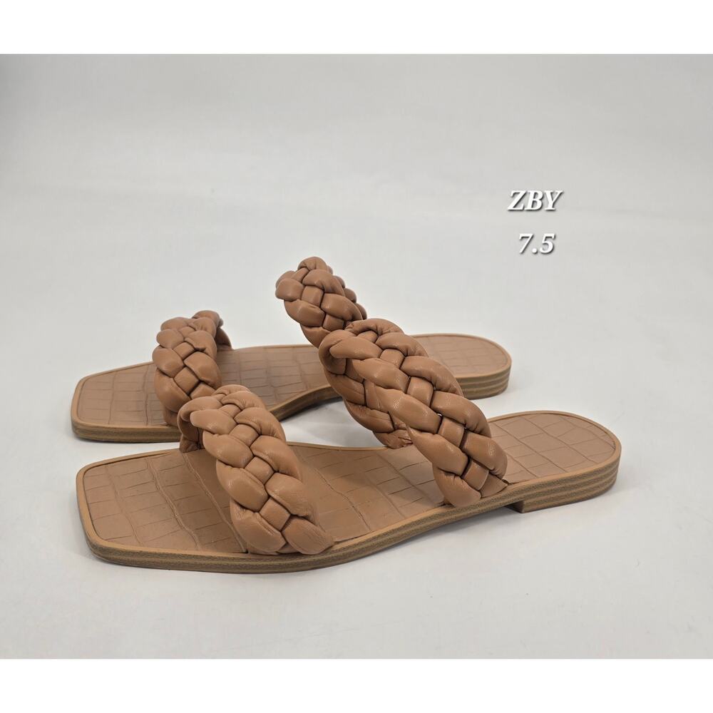 ZBY Camel Braided Strap Slide Sandals Womens 7.5 Square Toe Minimalist Neutral
